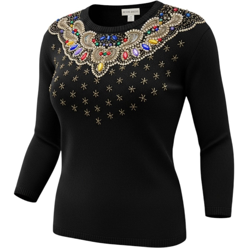 Victoria Harbour Vintage 80s Black Beaded Jewel Sequin Statement Sweater M
